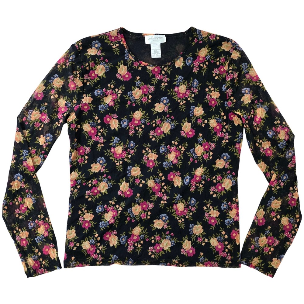 Vintage Y2K Dark Floral Sheer‎ Mesh Top Sz L Long Sleeve Whimsigoth Fairy Grunge